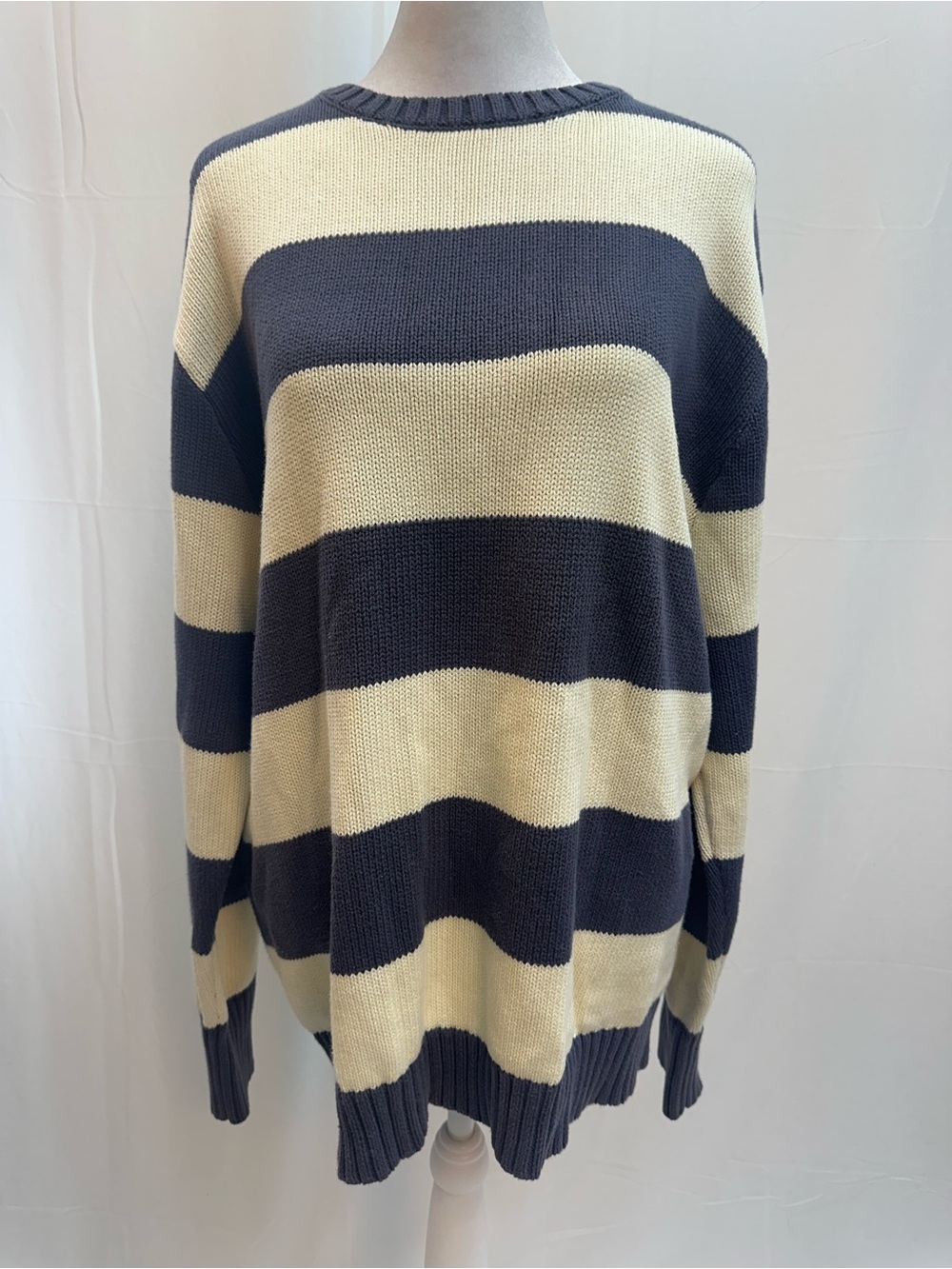 Brandy Melville Navy and Cream Wide-Stripe Crewneck Sweater